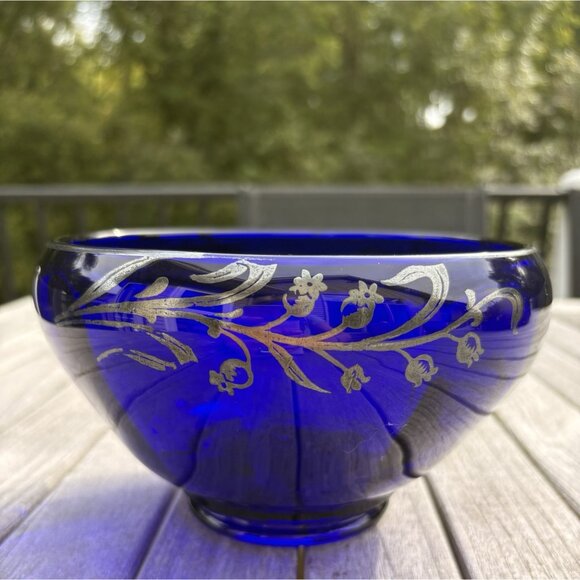 Cobalt Blue Art Glass Bowl Vase w Lily of the Valley Sterling Overlay 1950s 7” - Picture 2 of 10